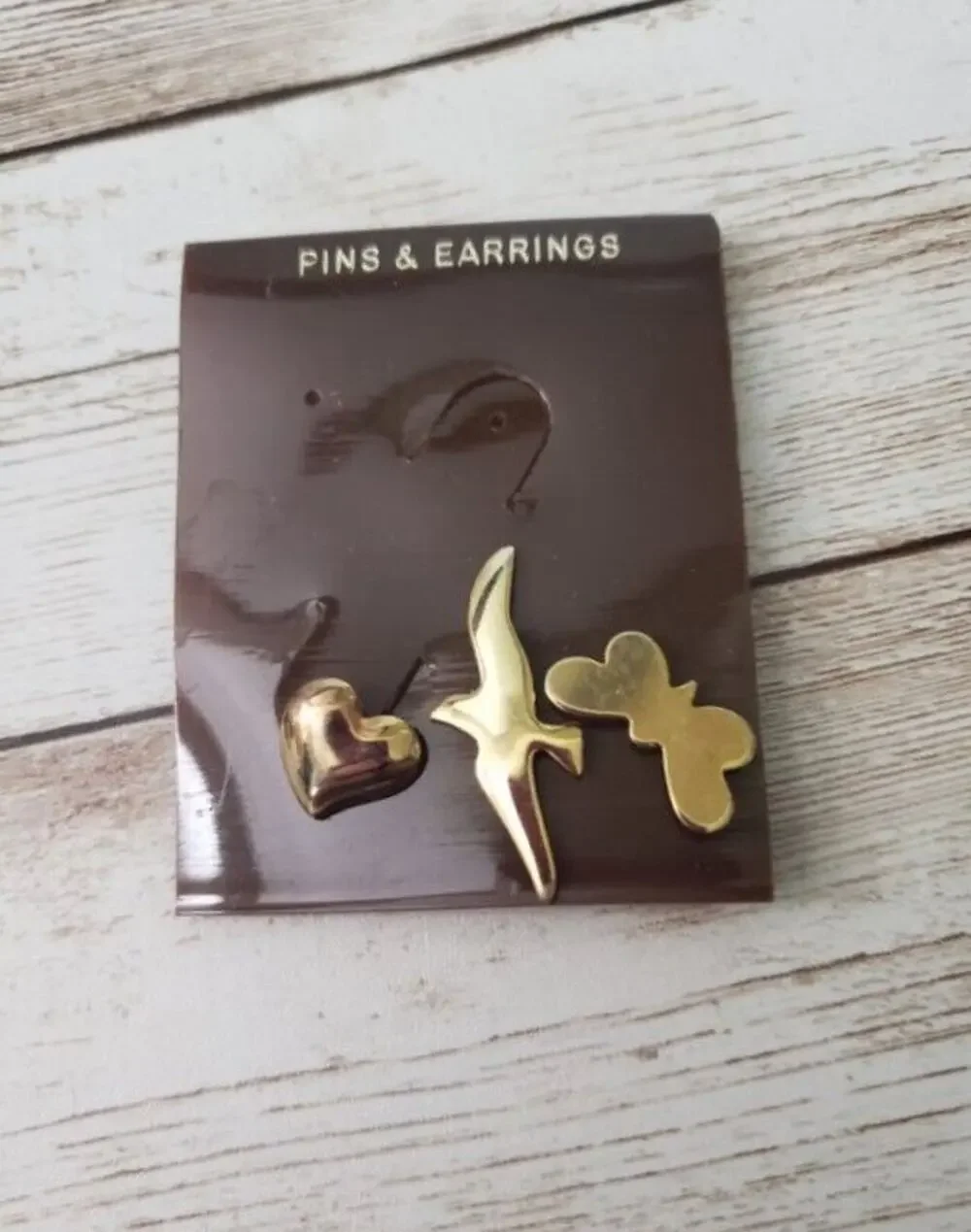 Set of 3 Gold Tone Pins Heart, Bird, Butterfly